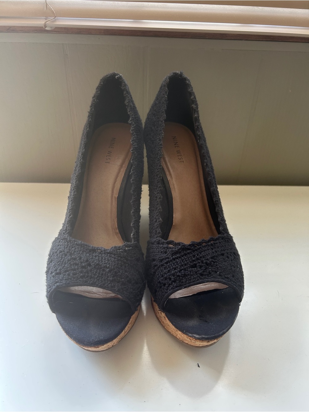 Nine West Black Crochet Peep-Toe Wedge Shoes